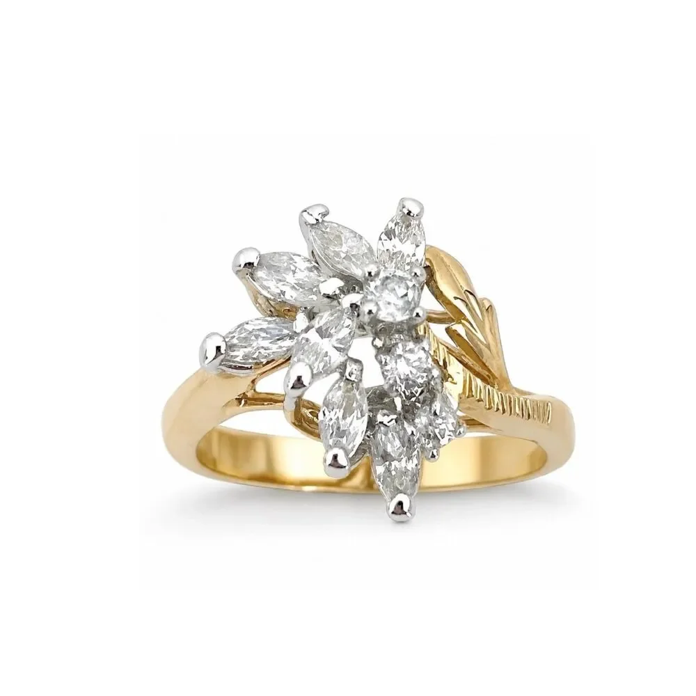 Vintage 1970s Ring Size 5 CZ Floral Spray 14KT Gold Plate - 14Q